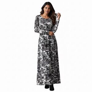 Louella Sz Medium Black & White Damask‎ Floral Long Sleeve Modest Maxi Dress